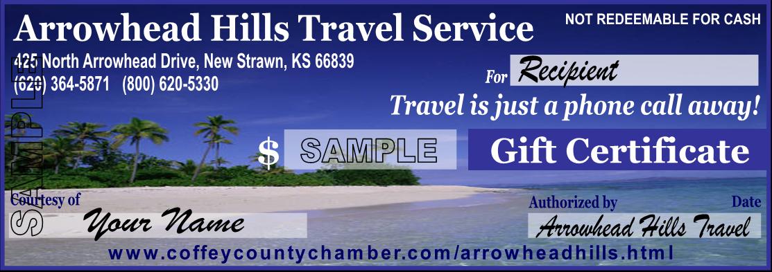 Arrowhead Hills Travel Service gift certificates make great gifts! Blue Beach Certificate