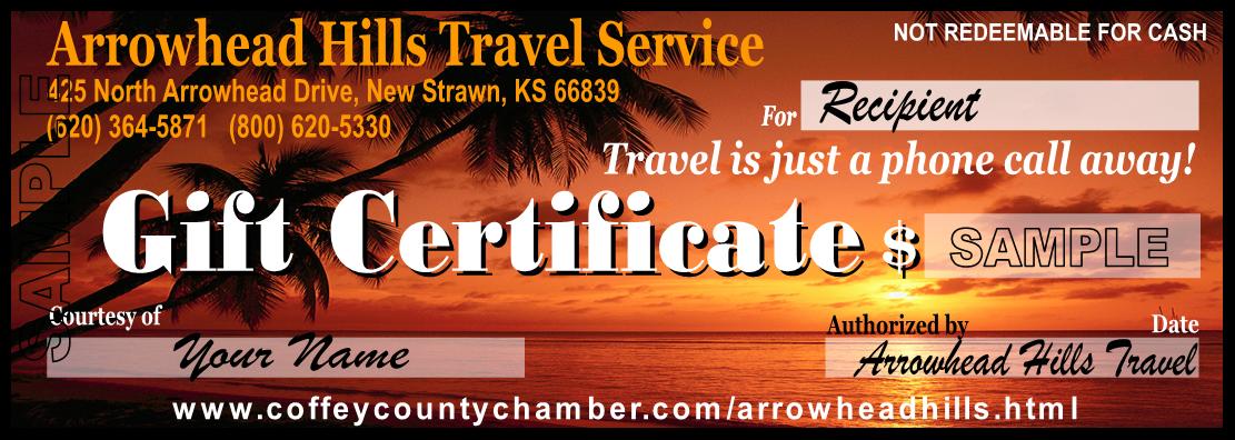 Arrowhead Hills Travel Service gift certificates in any denomination for your choice of travel! Sunset Certificate